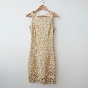 VINTAGE Beige Dress Small Mini Floral Lace Overlay Cocktail Party NINA AUSTIN 90